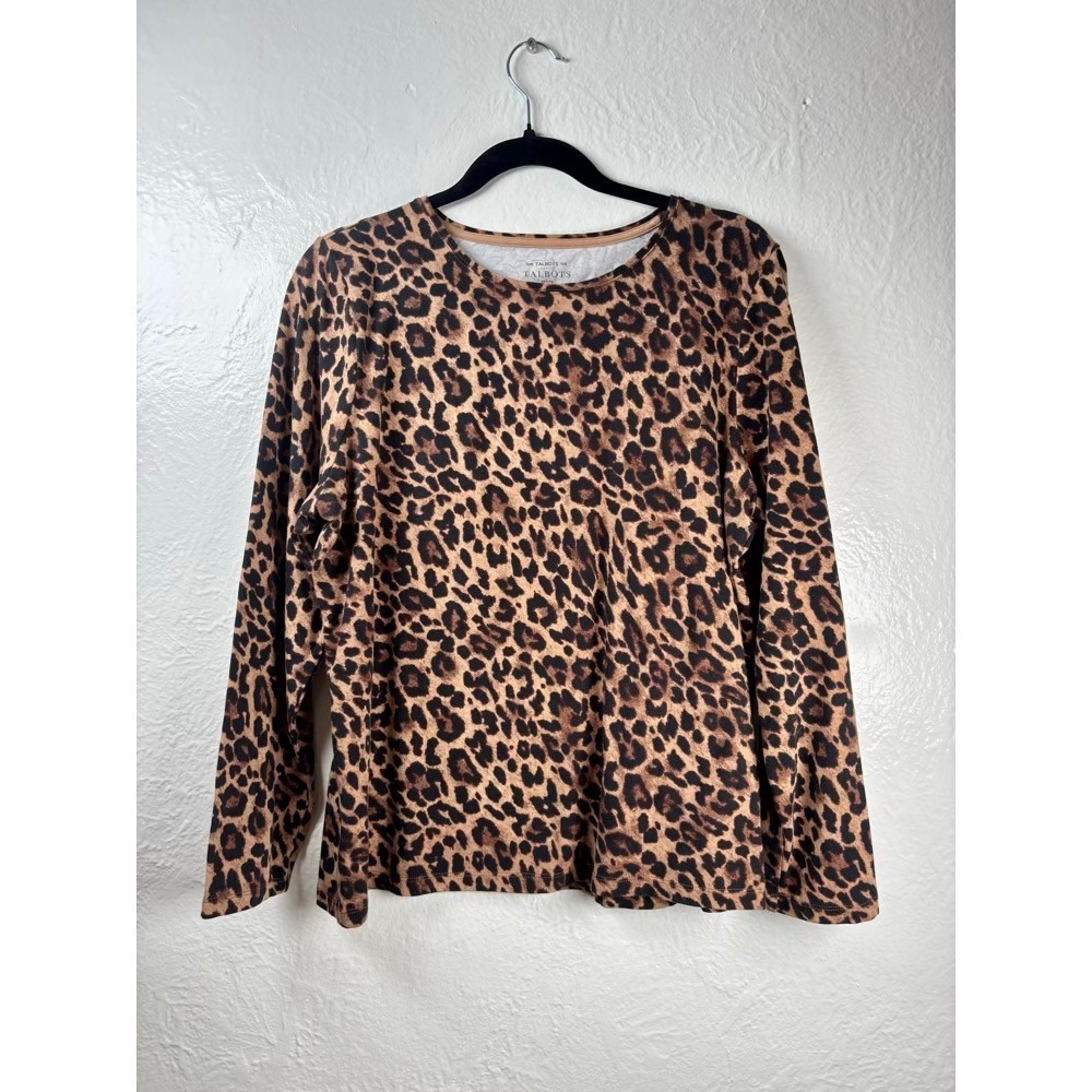 Talbots Leopard Print Tee Womens XLP Long Sleeve Cotton Mob Wife Neutral Capsule
